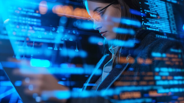 The Technology connect, of a young women see big screen, coding big data concept, generative ai