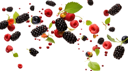 Berries collection falling in the air isolated on transparent and white background.PNG image.