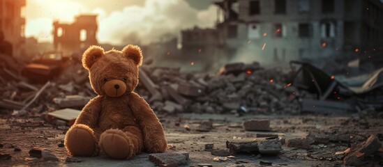 a teddy bear sitting on rubble - obrazy, fototapety, plakaty