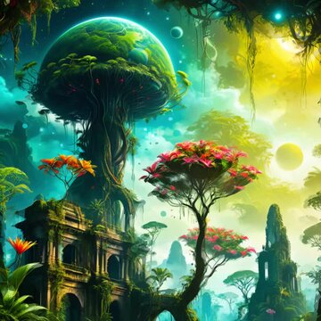 a tropical Forest in alien planet, big green moons in sky, old civilization ruins, exotic earth plantations, Neon lights, beautiful Trees plants and flowers, green planet, green nature, ecosystem