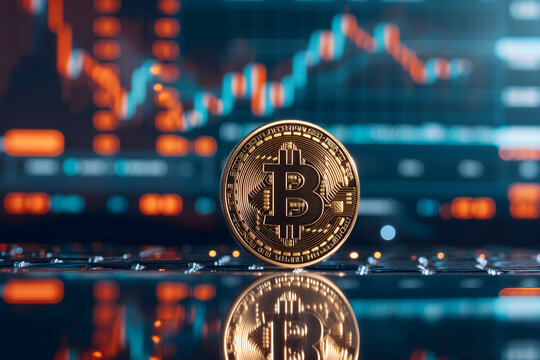 Bitcoin shiner in front of blurry trading charts screen. Dark appearance. Neural network generated image. Not based on any actual scene or pattern.