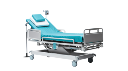 Hospital patient bed isolated on transparent and white background.PNG image.