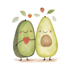 a cute couple avocado clipart, watercolor illustration, Perfect for nursery art сreated with Generative Ai