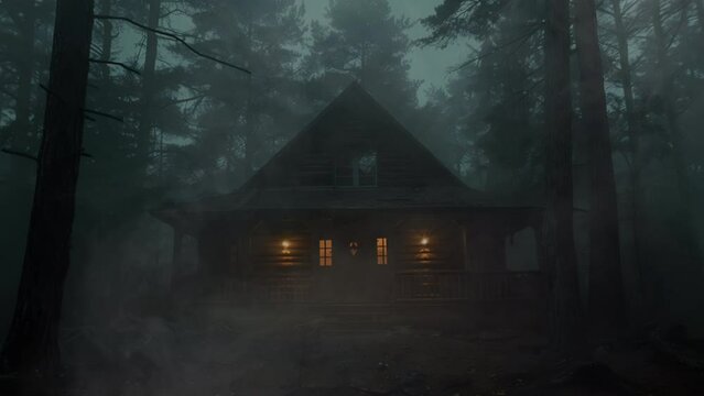 Spooky Log Cabin in the Mist Surrounded by towering pines 