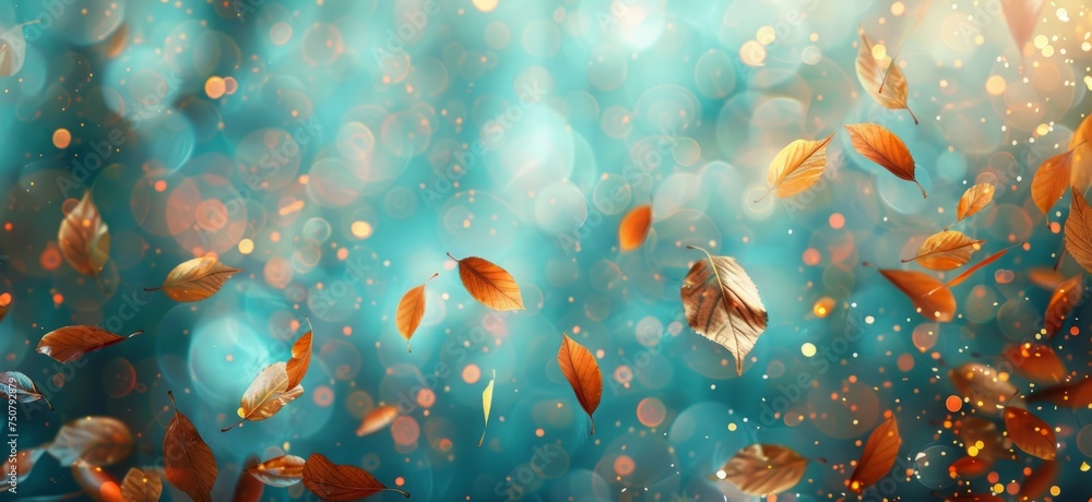 Poster autumn leaves on bokeh and lights background generative ai