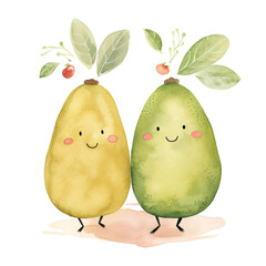 a cute couple avocado clipart, watercolor illustration, Perfect for nursery art сreated with Generative Ai