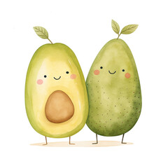 a cute couple avocado clipart, watercolor illustration, Perfect for nursery art сreated with Generative Ai
