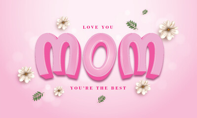 Happy Mother's Day Illustration with Spring Flower  and Love you Mom editable Text effect