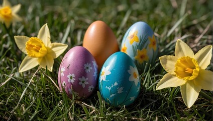 Fototapeta na wymiar Colorful Easter eggs hidden in lush green grass with a vibrant daffodil.