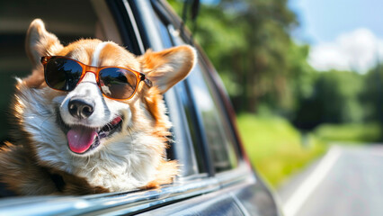 Happy Welsh Corgi wearing sunglasses heads out of the car window when on the road trip