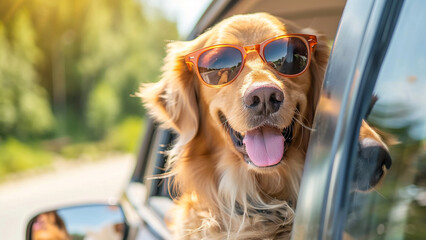 Happy Golden Retriever wearing sunglasses heads out of the car window when on the road trip