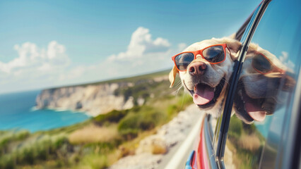 Happy Labrador Retriever wearing sunglasses heads out of the car window when on the road trip