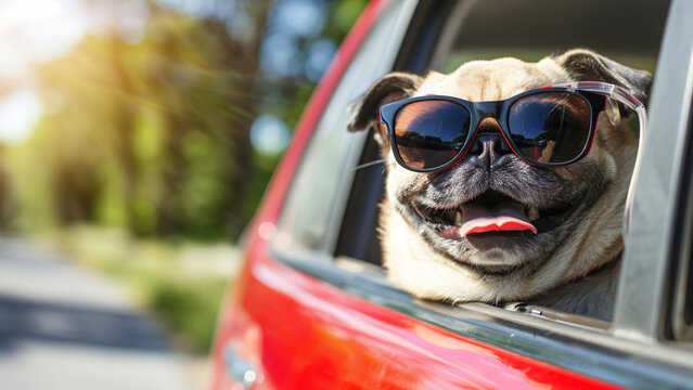 Happy Pug wearing sunglasses heads out of the car window when on the road trip