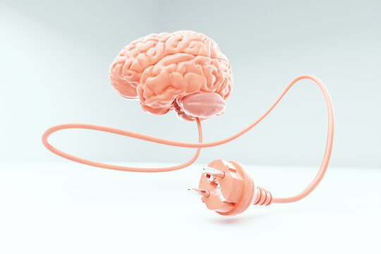 Human brain with socket plug on a light background. The concept is to charge the brain, support the mind, help memory, help for the mental well-being. 3D render, copy space.