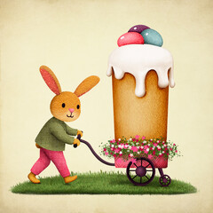 Happy Easter greeting card or poster with cute bunny rolls  cart with Easter cake and eggs. 
