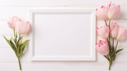 White Frame With Pink Flowers on White Wall