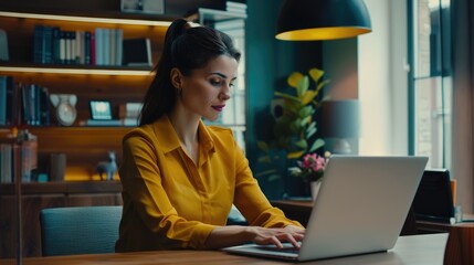Professional woman in stylish yellow blouse working on laptop at her neat workspace, epitomizing focused productivity and modern business elegance - AI generated