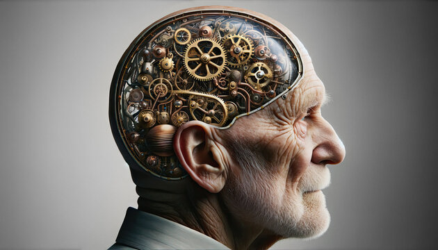 AI-generated portrait of an old man with a mechanical steampunk style brain with brass gears