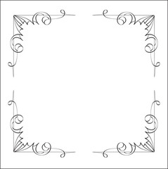 Elegant black and white ornamental frame, decorative border, corners for greeting cards, banners, business cards, invitations, menus. Isolated vector illustration.	