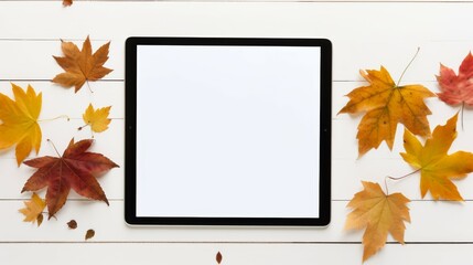 Tablet Surrounded by Autumn Leaves - obrazy, fototapety, plakaty
