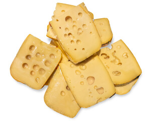 Emmental cheese slices isolated in top view