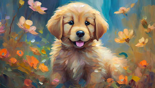 Oil painting of cute beige fluffy puppy, golden retriever in green garden. Domestic animal.