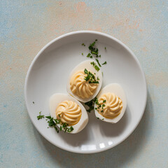 Deviled eggs with fresh herbs, perfect Easter party appetizer, directly above - 750794468