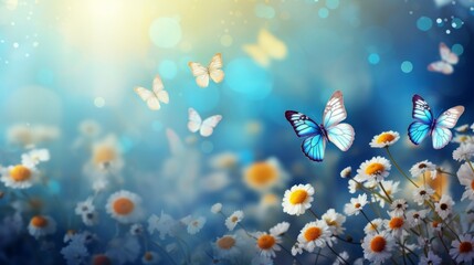 Three Butterflies Flying Over a Field of Daisies - obrazy, fototapety, plakaty