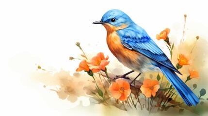 Blue Bird on Branch With Orange Flowers