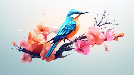 Bird Perched on Blooming Branch