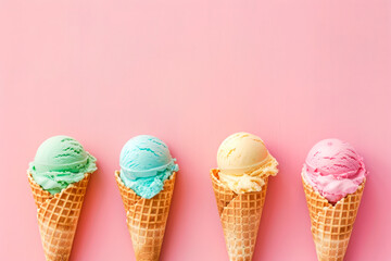 Various flavors ice cream in waffle on pink pastel background