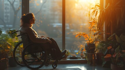 Woman in a wheelchair Looking at window in Sun light - obrazy, fototapety, plakaty