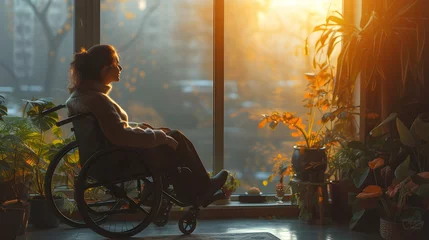 Poster Woman in a wheelchair Looking at window in Sun light © Lumina