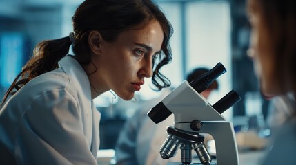 Dedicated female scientist meticulously examining samples under microscope in a busy laboratory setting, reflecting the rigor of scientific research and discovery - AI generated - obrazy, fototapety, plakaty