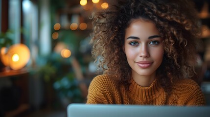 Portrait of a woman Looking at Camera Using Laptop