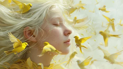 Tuinposter A surreal portrait of a woman surrounded by many yellow birds. Woman's calm facial expression and the dynamic flight of birds creates a harmonious combination of stillness and movement © Татьяна Креминская