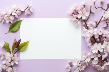 Naklejka na ściany i meble Blank Paper Among Flowers on Purple Background