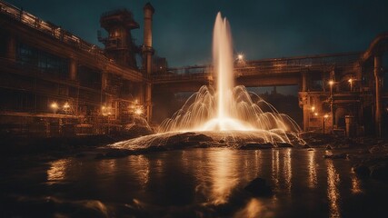 fountain at night Steam punk A Beusnita Waterfall of sparks, with a landscape of factories, sparks and banks,  
