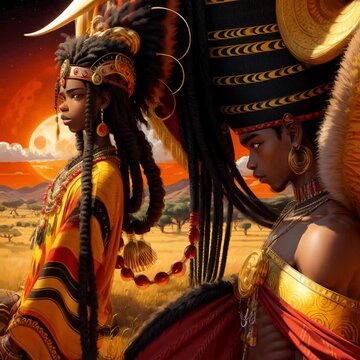African savannah, a black African tribal teenage boy painted in warpaint wearing tribal red attire and a golden crown, giant red moon, vibrant colours, Afrocentric, Afrofuturistic, the king of Africa