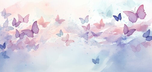 Fototapeta na wymiar Group of Purple Butterflies Soaring in Spring Sky