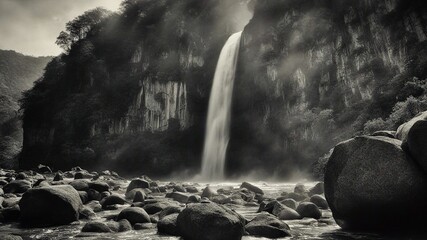 Horror  A waterfall of fear, with a landscape of dark rocks and shadows, with a Ban Gioc waterfall  