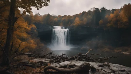 Fotobehang waterfall in autumn Horror A waterfall of death, with a landscape of rotting trees   © Jared
