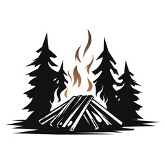 campfire silhouette, solid black, no color, white background сreated with Generative Ai