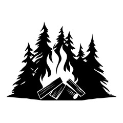 campfire silhouette, solid black, no color, white background сreated with Generative Ai