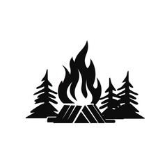 campfire silhouette, solid black, no color, white background сreated with Generative Ai
