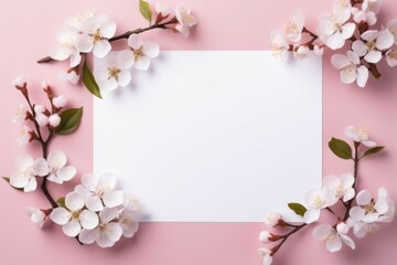 Fototapeta na wymiar Paper Surrounded by Flowers on Pink Background