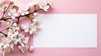 Fototapeta na wymiar Cherry Blossom Branch With White Card on Pink Background