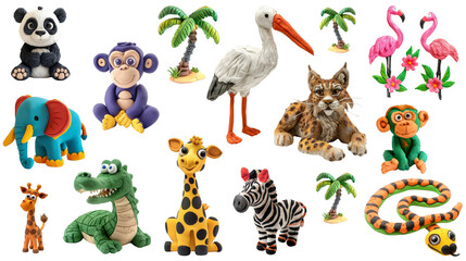 Safari animals collection made of multicolored plasticine, art for children, kids craft. Transparent isolate background.