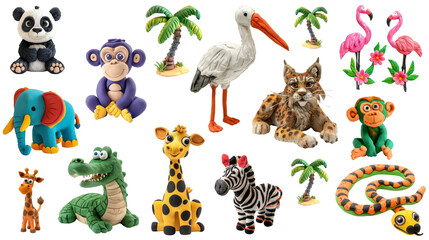 Naklejka premium Safari animals collection made of multicolored plasticine, art for children, kids craft. Transparent isolate background.