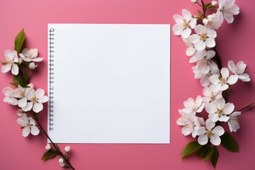 Blank Notepad With White Flowers on Pink Background